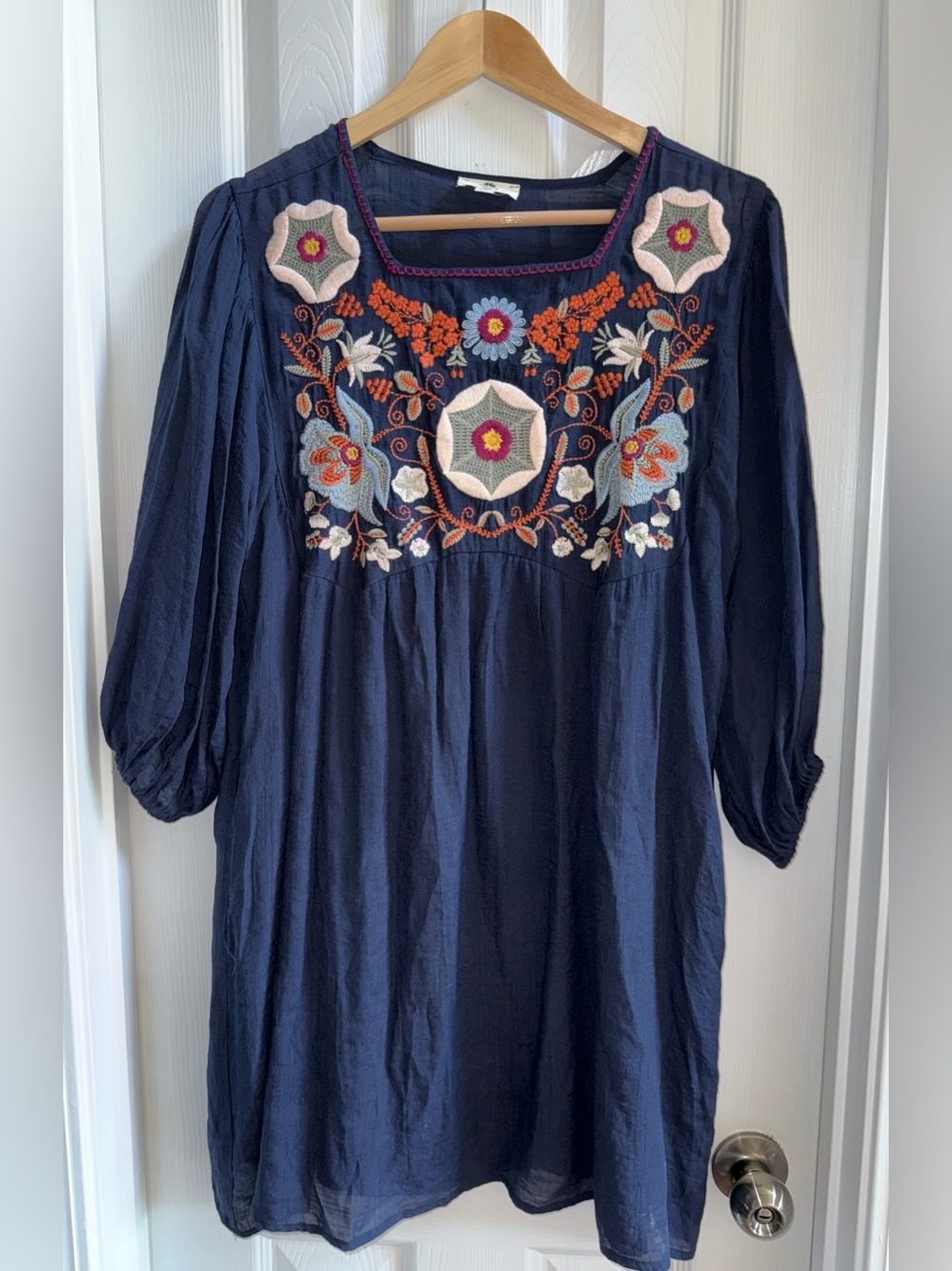 Entro Floral Baby Doll Embroidery MIDI Dress M Blue Euro Everyday Vacation Chic